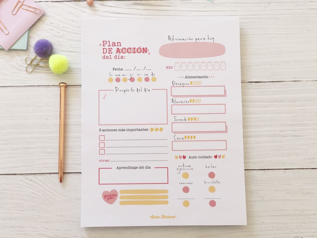 ocho fortuna papelería Block Plan de acción de Autocuidado