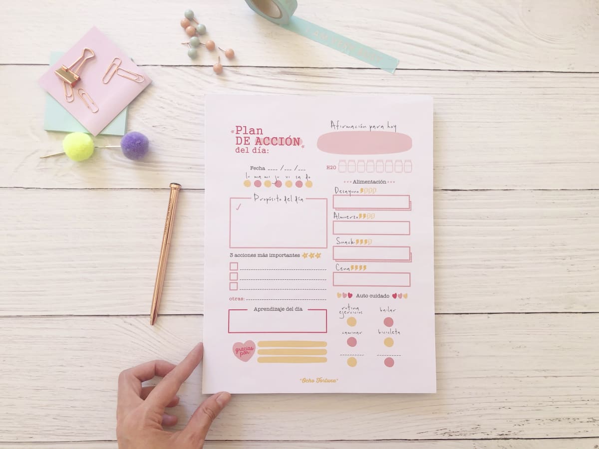 ocho fortuna papelería Block Plan de acción de Autocuidado